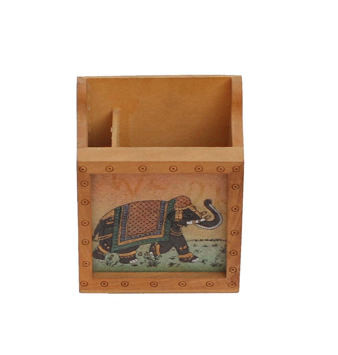 Bulk Wholesale Handcrafted 4.3” Pen Stand / Stationery Organizer in Kadam Wood – Hand-Painted with Elephant Design Covered with Glass
