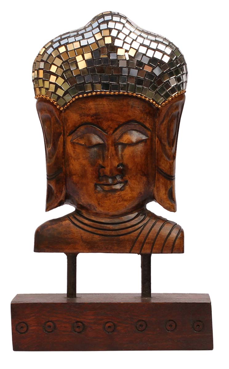 Wholesale Lord Buddha Figurine on Plinth - Buy in Bulk 9” Hand Carved Wooden Figurine/Statue of Buddha in Wood Enhanced with Mirror Work and Golden Beads - Unique Animal Decor Sculpture