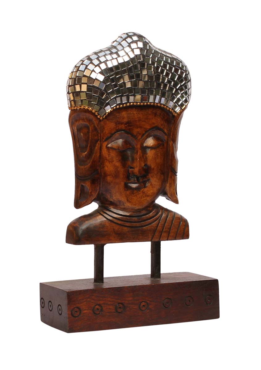 Wholesale Lord Buddha Figurine on Plinth - Buy in Bulk 9” Hand Carved Wooden Figurine/Statue of Buddha in Wood Enhanced with Mirror Work and Golden Beads - Unique Animal Decor Sculpture