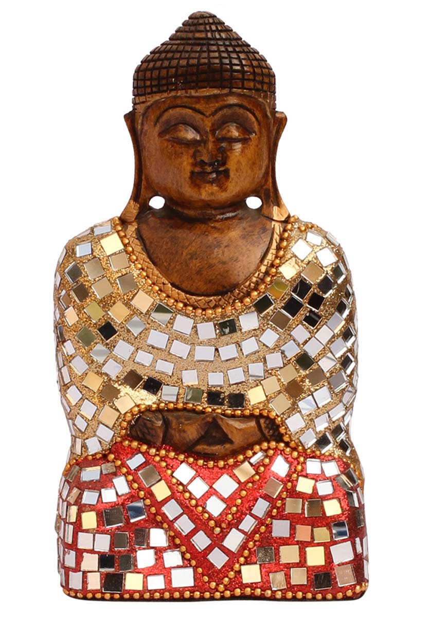 Source 6” Meditating Lord Buddha Figurine on Plinth in Bulk - Wholesale Hand Carved Wooden Figurine/Statue of Buddha in Wood Enhanced with Mirror Work and Golden Beads - Unique Animal Decor Sculpture