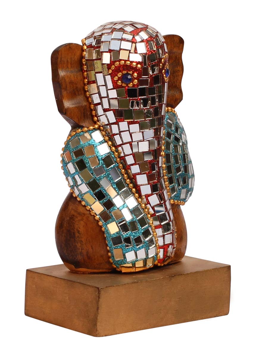 Wholesale Lord Ganesha Figurine - Bulk Buy 5” Hand Carved Wood Ganpati Statue Enhanced with Traditional Style Colorful Mirror Work - Home & Office Decor Sculpture from India