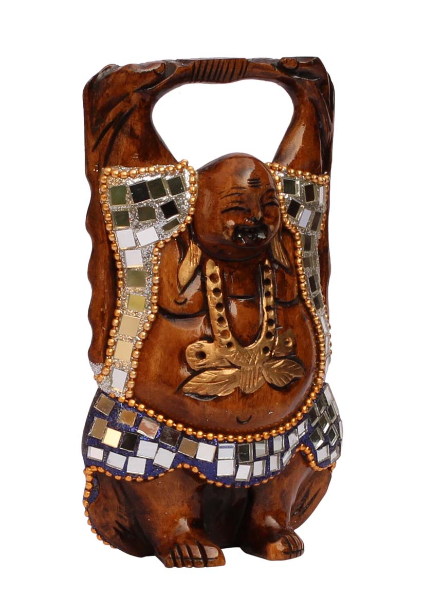 Wholesale Laughing Buddha Figurine - Buy in Bulk 5” Hand Carved Natural Laughing Buddha Enhanced with Traditional Style Colorful Mirror Work - Unique Good Luck Charms Sculpture - Home & Office Decor from India