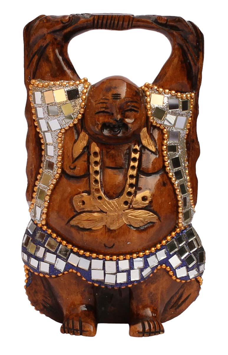 Wholesale Laughing Buddha Figurine - Buy in Bulk 5” Hand Carved Natural Laughing Buddha Enhanced with Traditional Style Colorful Mirror Work - Unique Good Luck Charms Sculpture - Home & Office Decor from India