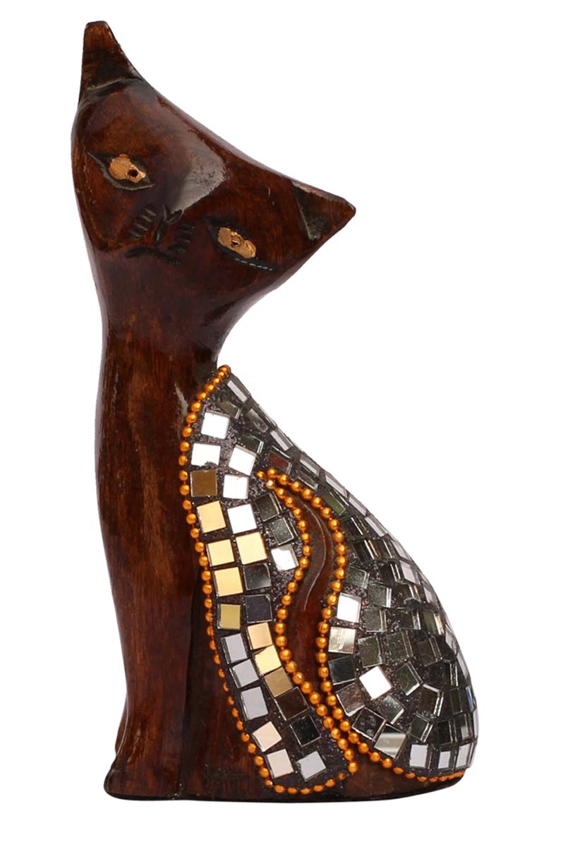Wholesale Cat Figurine - Buy in Bulk 4.2” Hand-Crafted Wood Cat Statue Enhanced with Traditional Style Mirror Work and Golden Beads - Home & Office Decor Sculpture from India