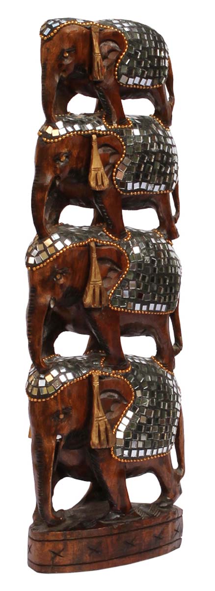 Bulk Wholesale Hand-Carved 14.4” Eucalyptus Wood Sculpture / Statue of 4 Elephants (One above Other) Enhanced with Traditional Style Mirror Work and Golden Beads – Antique-Look Home Décor from India