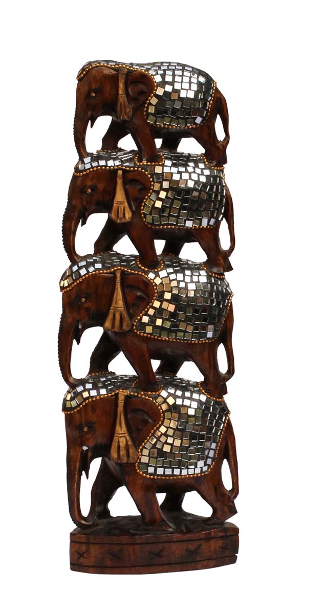 Bulk Wholesale Hand-Carved 14.4” Eucalyptus Wood Sculpture / Statue of 4 Elephants (One above Other) Enhanced with Traditional Style Mirror Work and Golden Beads – Antique-Look Home Décor from India
