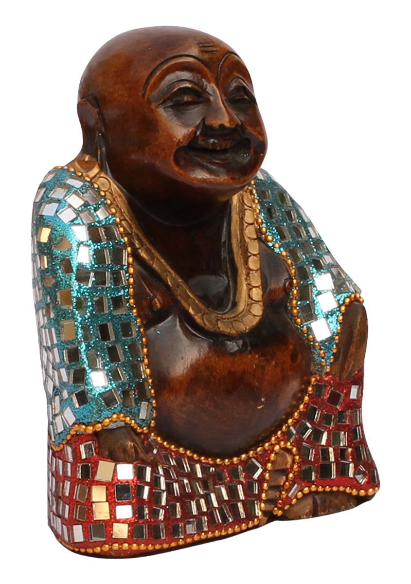 Bulk Wholesale Hand-Carved 5” Eucalyptus Wood Sculpture / Statue of Meditating Buddha Enhanced with Traditional Style Colorful Mirror Work – Antique-Look Home Décor from India