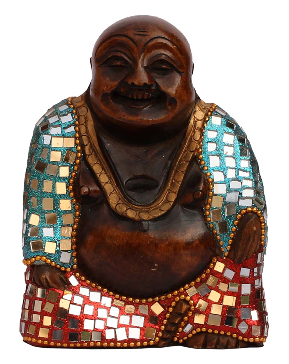Bulk Wholesale Hand-Carved 5” Eucalyptus Wood Sculpture / Statue of Meditating Buddha Enhanced with Traditional Style Colorful Mirror Work – Antique-Look Home Décor from India