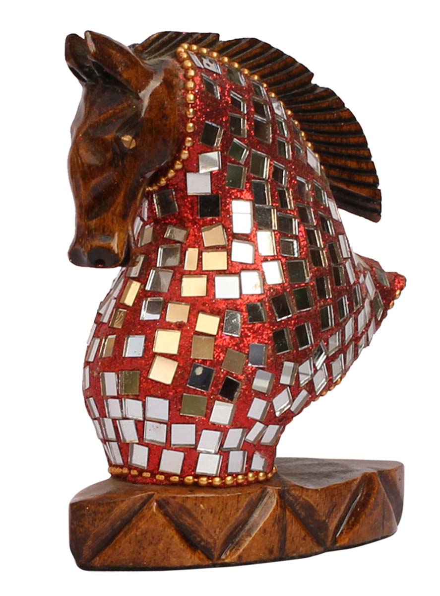 Bulk Wholesale Hand-Carved 4” Eucalyptus Wood Sculpture / Statue of Half-Body Horse Enhanced with Traditional Style Mirror Work and Golden Beads – Antique-Look Home Décor from India