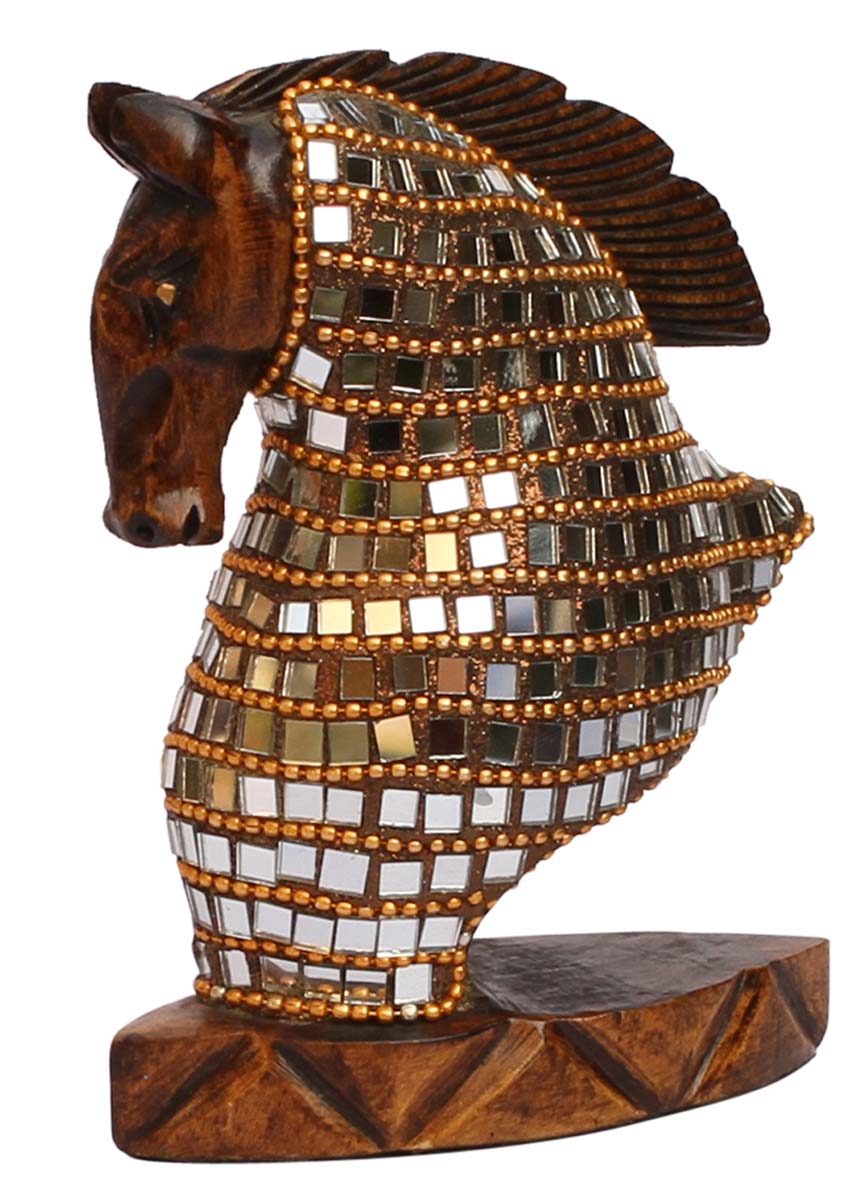 Bulk Buy Horse Head Figurine - Wholesale 5” Hand Carved Wooden Figurine/Statue of Horse in Wood Enhanced with Mirror Work and Golden Beads - Unique Animal Decor Sculpture