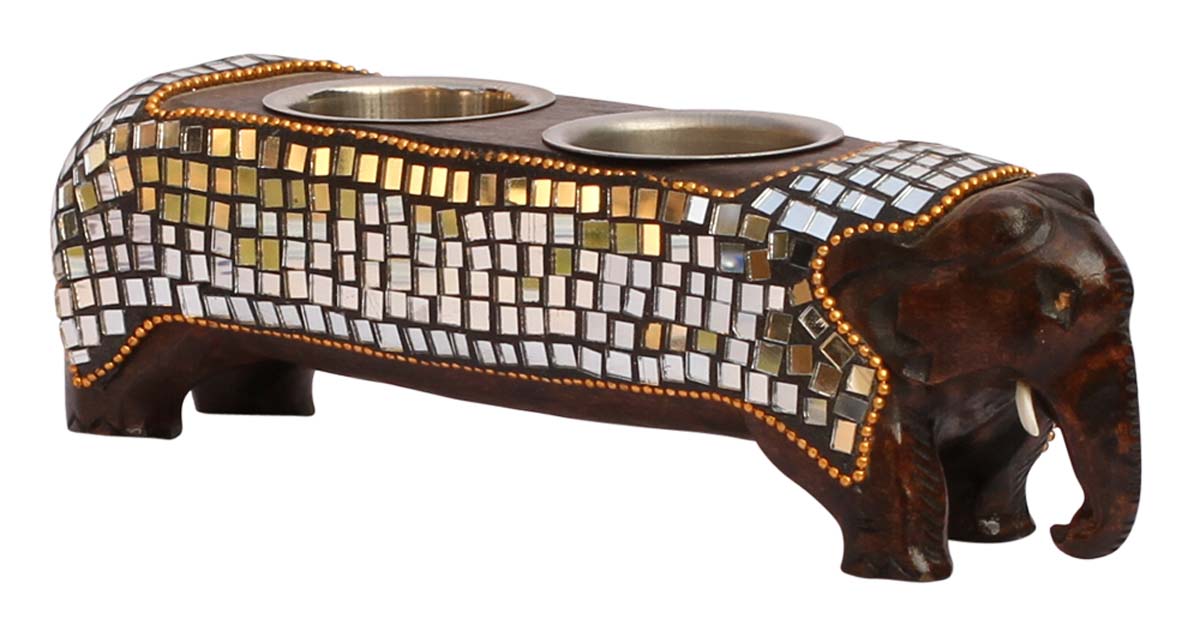 Bulk Wholesale Hand-Carved 8” Eucalyptus Wood Elephant-Shaped Tea-Light Holder with 2 Grooves – Art-Piece Enhanced with Traditional Style Mirror Work and Golden Beads