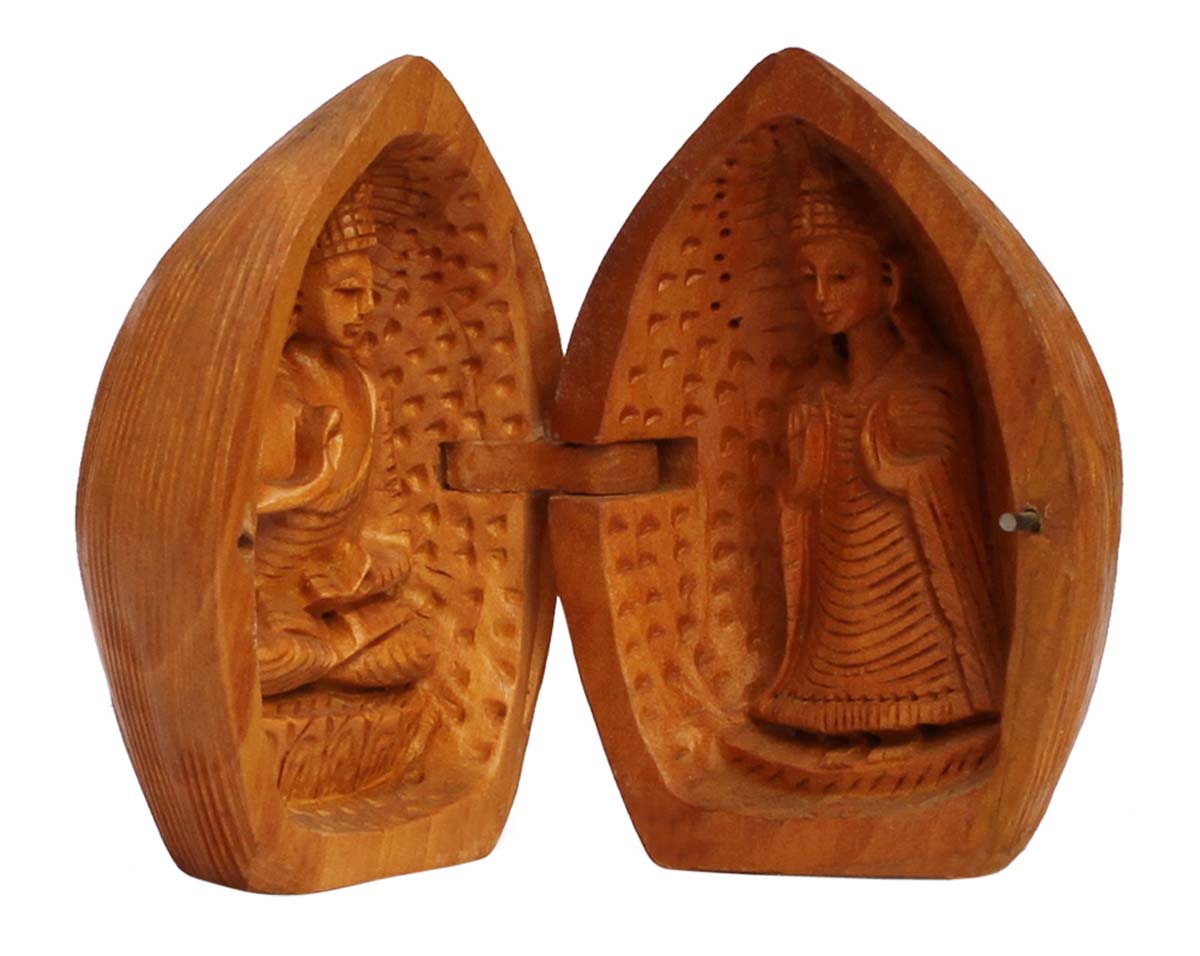 Wholesale 3” Hand Carved Lord Buddha Figurine/Statue in Different Poses Inside Coconut-Shape Statue - Bulk Buy Home Decor Item with Intricate Carving in Wood from India