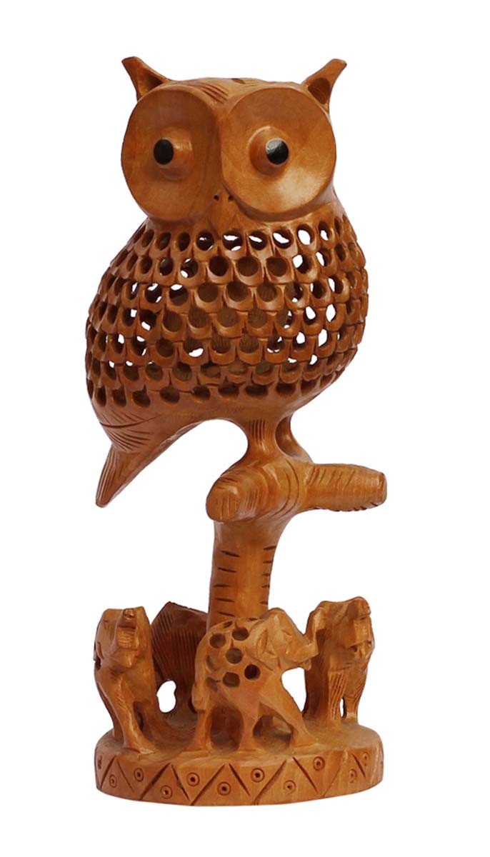 Bulk Wholesale Hand-Carved 8” Decoration Piece of ‘Owl Sitting On A Tree Branch with Elephants at the Bottom’– Wooden Home Décor