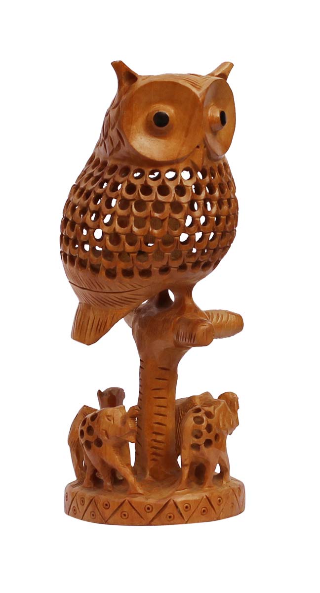 Bulk Wholesale Hand-Carved 8” Decoration Piece of ‘Owl Sitting On A Tree Branch with Elephants at the Bottom’– Wooden Home Décor
