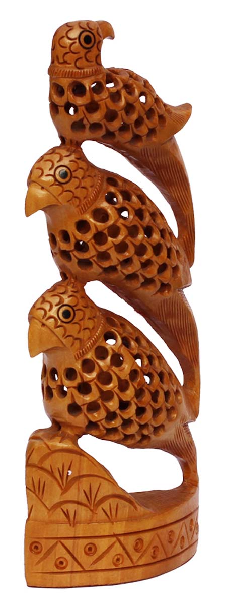 Bulk Wholesale Hand-Carved 8” Decoration Piece of 3 Parrots in Wood with Filigree Work – Meaningful Gift Item / Home Décor from India