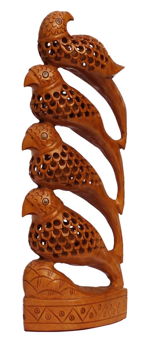 Bulk Wholesale Hand-Carved 10” Decoration Piece of 4 Parrots in Wood with Filigree Work – Meaningful Gift Item / Home Décor from India