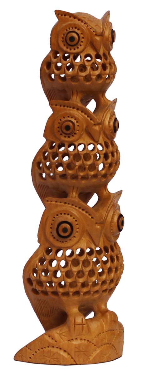 Bulk Wholesale Hand-Carved 10” Decoration Piece of 3 Owls in Kadam Wood with Open-Work – Meaningful Gift Item / Home Décor from India