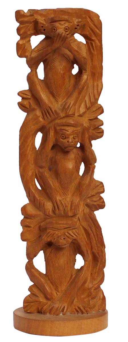 Bulk Wholesale Hand-Carved 6.6” Decoration Piece of ‘3 Wise Monkeys of Gandhi Ji in Vertical Pose’ in Wood – Meaningful Gift Item / Home Décor from India