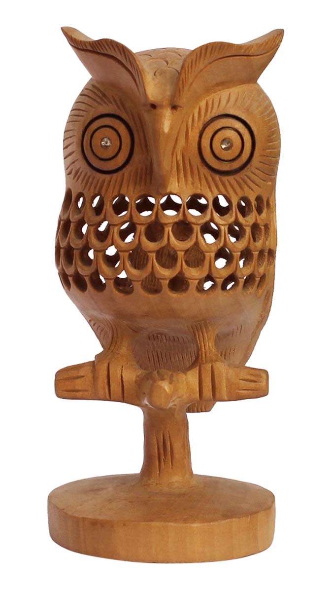 Wholesale Owl Figurine - Buy in Bulk 5” Hand-Crafted Wood Owl Statue Sitting on a Tree Branch with Filigree Work - Home & Office Decor Sculpture from India