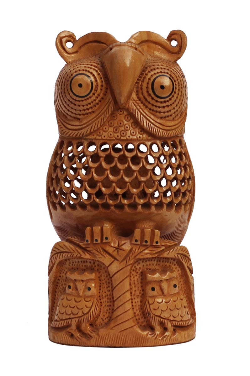 Bulk Wholesale Hand-Carved 6” Decoration Piece of ‘Owl Sitting on a Tree Branch with 2 Owls at the Bottom’ in Kadam Wood with Open-Work – Meaningful Gift Item / Home Décor from India