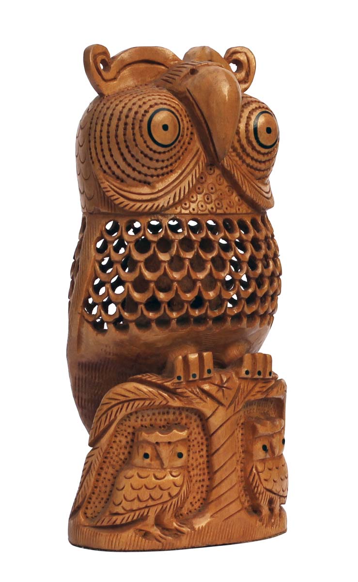 Bulk Wholesale Hand-Carved 6” Decoration Piece of ‘Owl Sitting on a Tree Branch with 2 Owls at the Bottom’ in Kadam Wood with Open-Work – Meaningful Gift Item / Home Décor from India