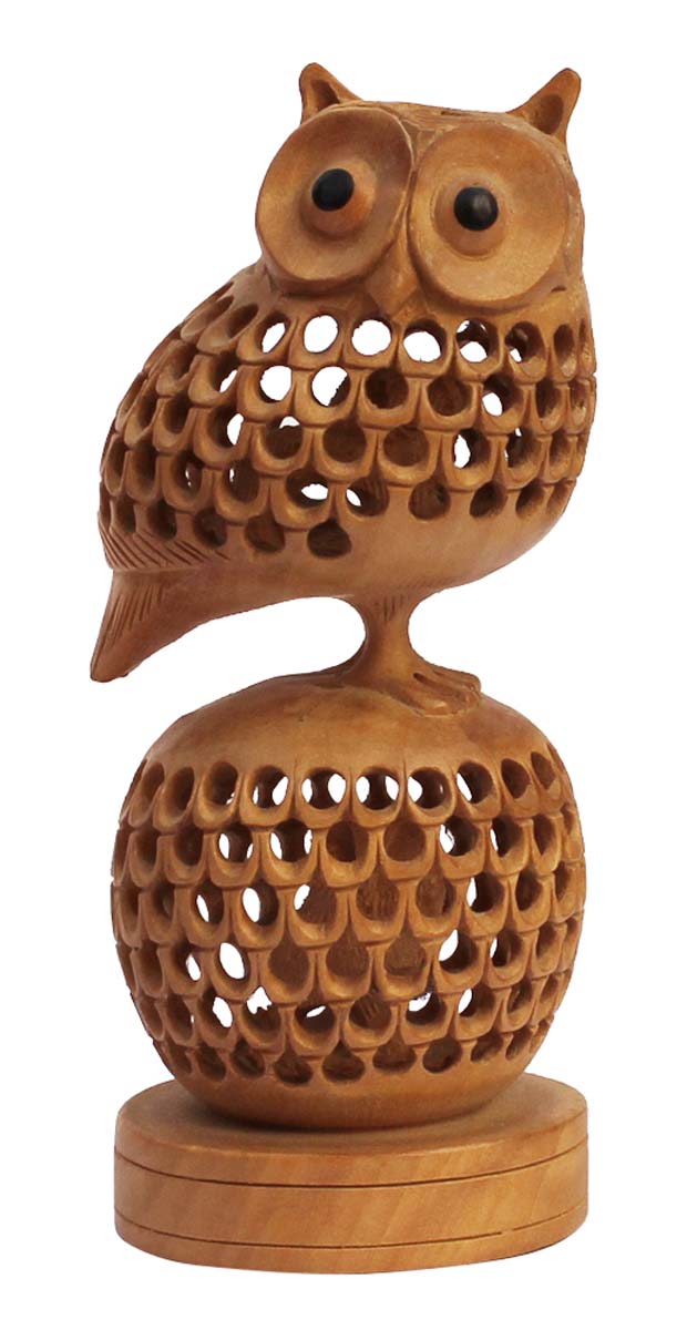 Bulk Wholesale Hand-Carved 5” Decoration Piece of ‘Owl Sitting On A Globe’ in Wood with Filigree Work – Ethnic-Look Home Décor from India