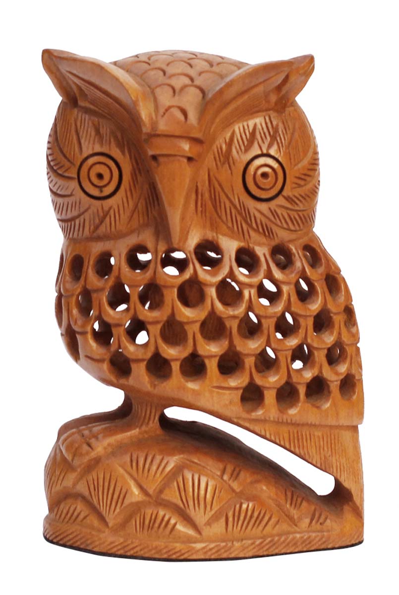 Bulk Wholesale Hand-Carved 3.6” Decoration Piece of an Owl in Wood with Filigree Work – Ethnic-Look Home Décor from India