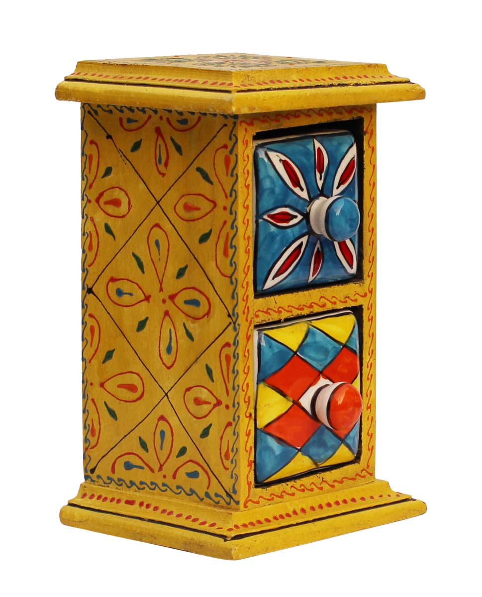 Wholesale Tiered Jewelry Box With 2 Drawers - Wood & Ceramic - Hand Painted Ethnic-Look Multicolored 2 Tier Trinket Box From India