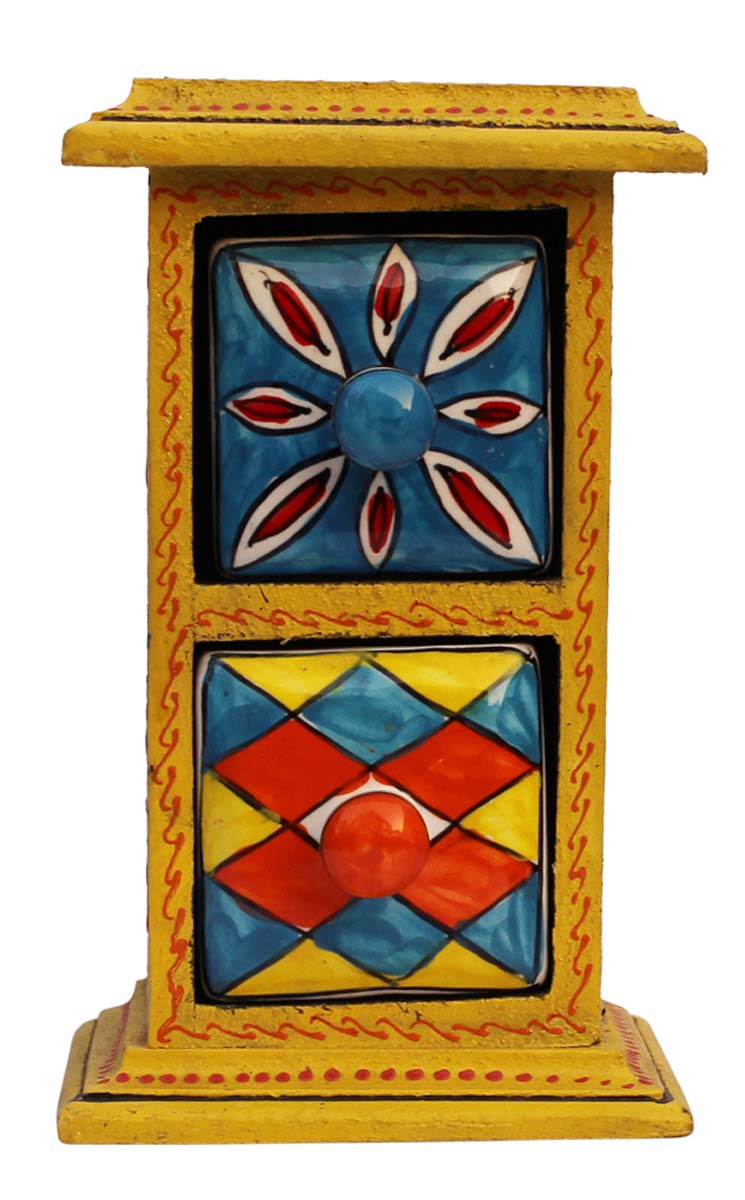Wholesale Tiered Jewelry Box With 2 Drawers - Wood & Ceramic - Hand Painted Ethnic-Look Multicolored 2 Tier Trinket Box From India