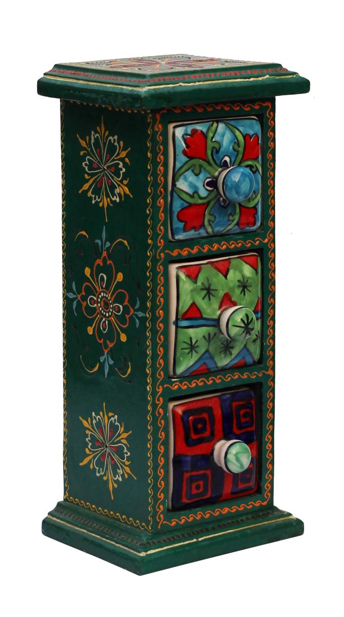 Wholesale 10” Wooden Jewelry Box - Bulk Buy Handmade Wood Storage Box/Keepsake Box/Trinket Box with 3 Ceramic Drawers from India