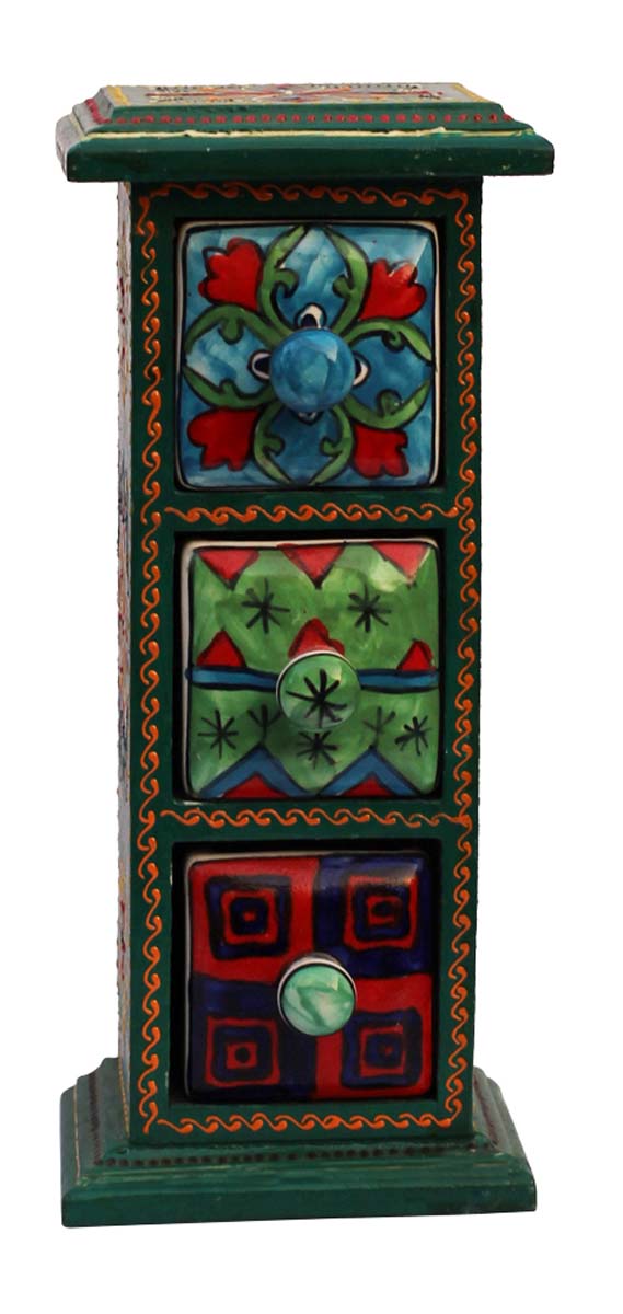 Wholesale 10” Wooden Jewelry Box - Bulk Buy Handmade Wood Storage Box/Keepsake Box/Trinket Box with 3 Ceramic Drawers from India