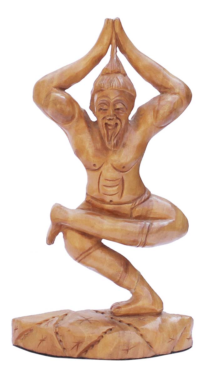 Source 6 Inch Handmade Yoga Statue/Figurine of Sage Patanjali (Father of Yoga) in Bulk - Wholesale Handmade Patanjali Rishi Doing Vriksasana Statue in Wood - Good Luck Sculptures - Home & Office Decor from India