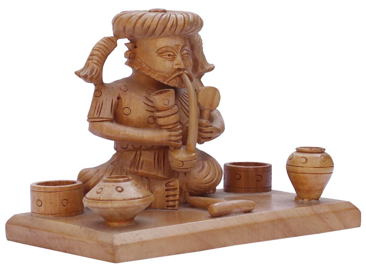 Bulk Wholesale Hand-Carved 4.6” Wood Statue / Sculpture of ‘Man Drinking Hookah’ – Wooden Décor from India with Traditional Indian Motif Carving