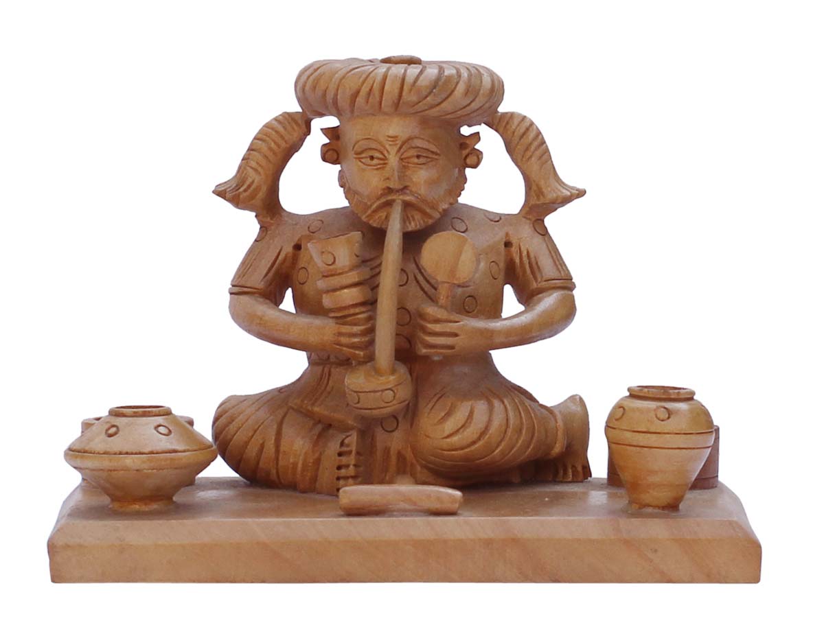 Bulk Wholesale Hand-Carved 4.6” Wood Statue / Sculpture of ‘Man Drinking Hookah’ – Wooden Décor from India with Traditional Indian Motif Carving