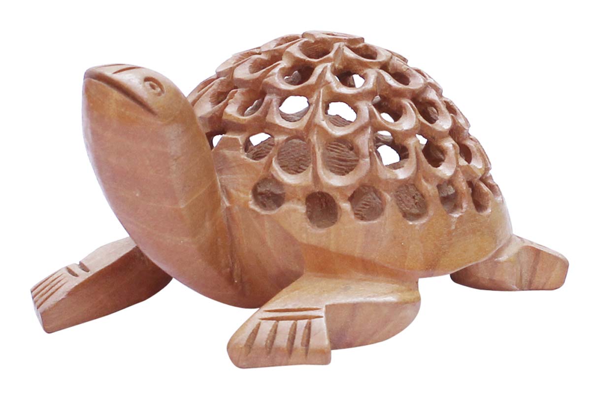 Wholesale Tortoise Figurine - Bulk Buy 3.2” Hand Carved Wood Statue of Mother Tortoise with Baby Turtle Inside - Unique Filigree Art - Animal Decor Sculpture - Baby Shower Home Decor Gifts from India