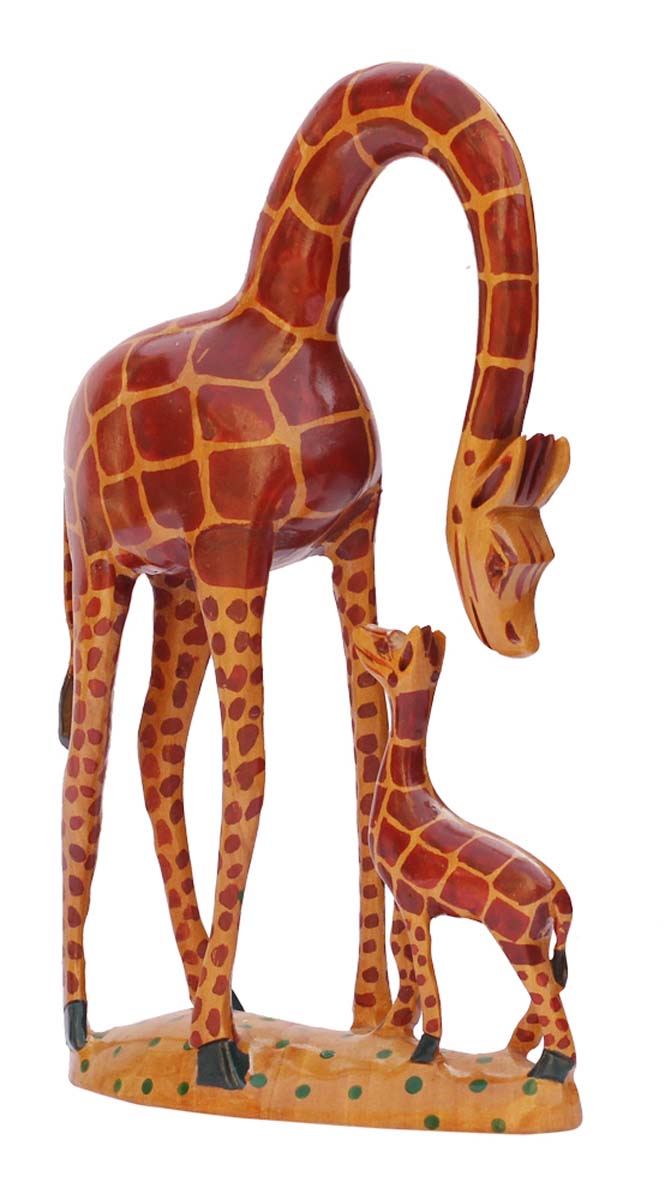 Wholesale Giraffe Figurine - Bulk Buy 8” Hand Carved Wooden Statue of Mother and Baby Giraffe in Caramel Brown & Dark Brown - Animal Decor Sculpture - Baby Shower Gifts from India