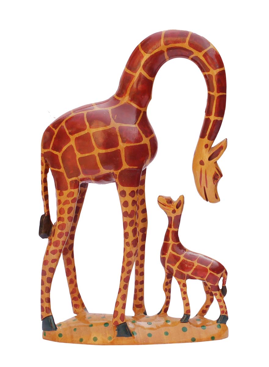 Wholesale Giraffe Figurine - Bulk Buy 8” Hand Carved Wooden Statue of Mother and Baby Giraffe in Caramel Brown & Dark Brown - Animal Decor Sculpture - Baby Shower Gifts from India