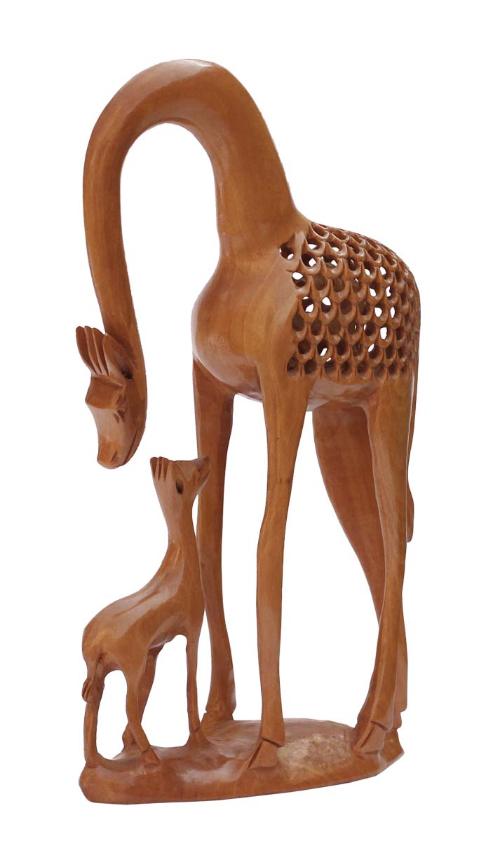 Wholesale Giraffe Figurine - Bulk Buy 8” Hand Carved Wood Statue of Mother and Baby Giraffe - Unique Open-Work Art - Animal Decor Sculpture - Baby Shower Gifts from India