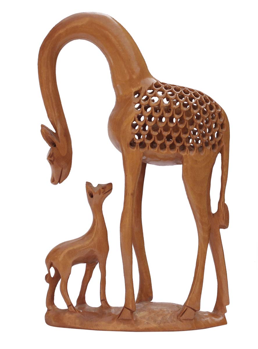 Wholesale Giraffe Figurine - Bulk Buy 8” Hand Carved Wood Statue of Mother and Baby Giraffe - Unique Open-Work Art - Animal Decor Sculpture - Baby Shower Gifts from India