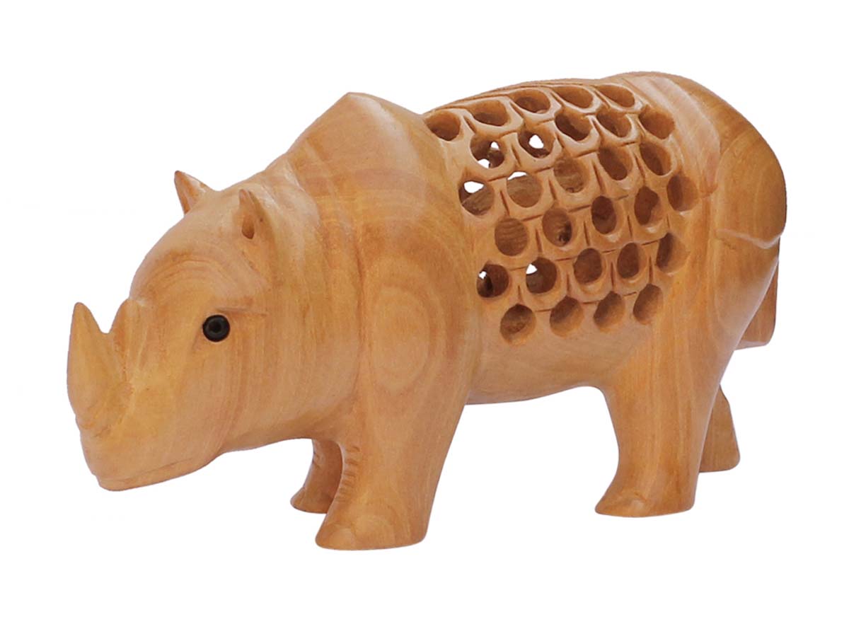 Wholesale Rhinoceros Figurine - Buy in Bulk 4” Hand Carved Wooden Rhinoceros Figurine/Statue - Unique Animal Decor Sculpture from India