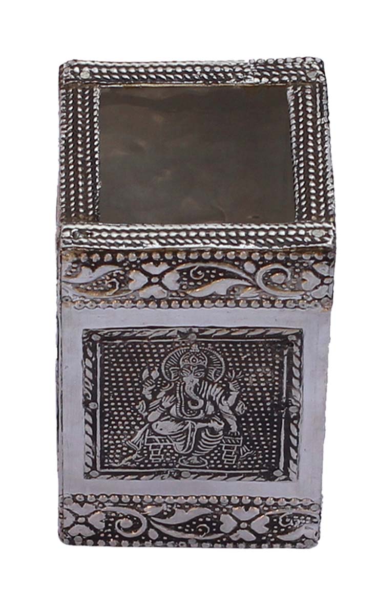 Bulk Wholesale Handmade 4.2” Pen Stand / Stationery Organizer in Compressed Wood Further Enhanced with Silver Metal Embossing of Lord Ganesha & Traditional Motifs – Antique-Look Utility Items from India