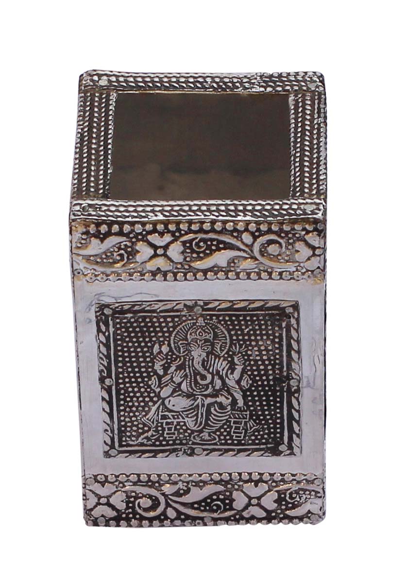Bulk Wholesale Handmade 4.2” Pen Stand / Stationery Organizer in Compressed Wood Further Enhanced with Silver Metal Embossing of Lord Ganesha & Traditional Motifs – Antique-Look Utility Items from India