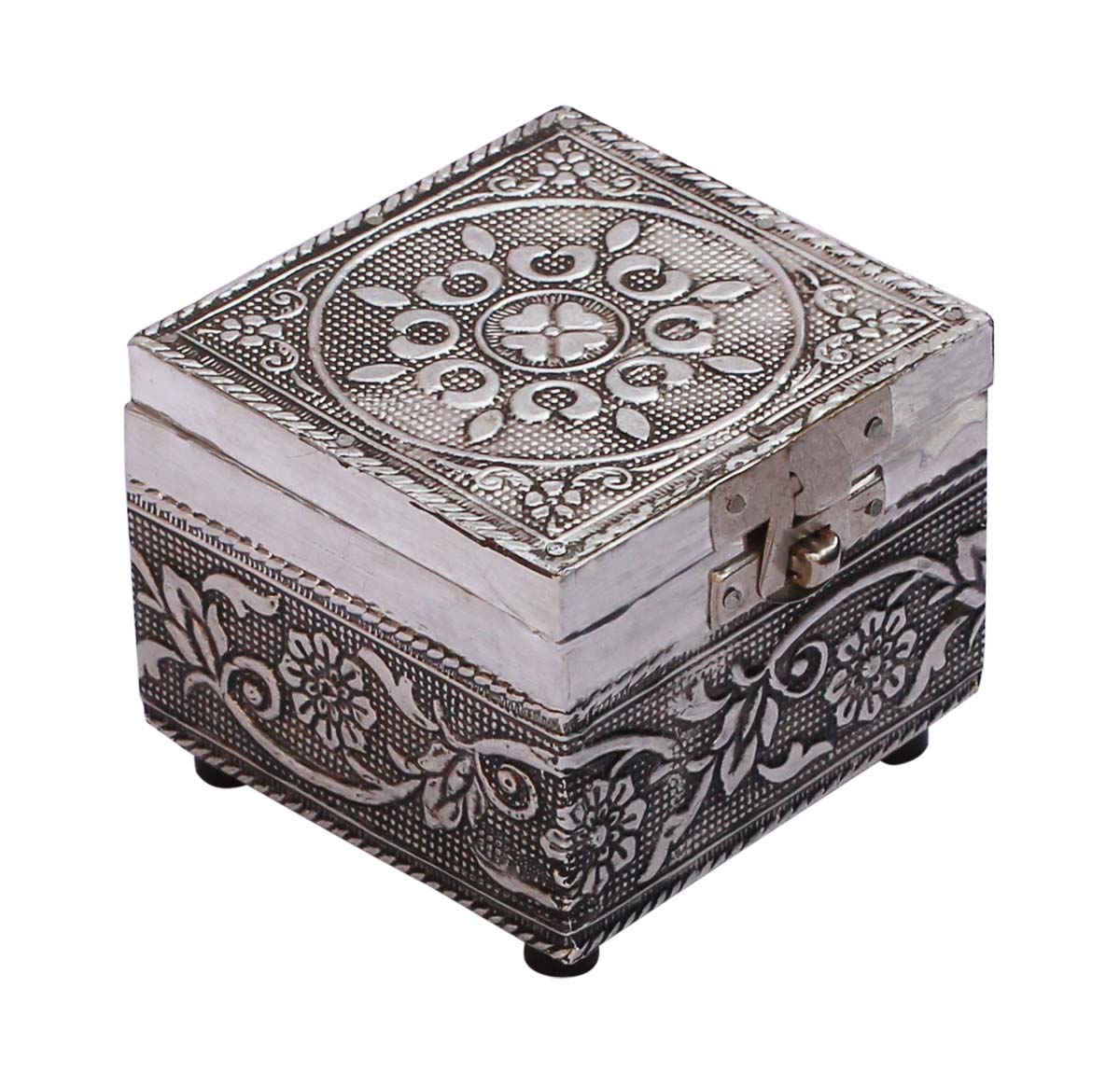 Bulk Wholesale Handmade 3.2” Trunk-Shaped Jewelry Box in Compressed Wood Further Enhanced with Silver Metal Embossing of Traditional Motifs – Antique-Look Utility Items from India