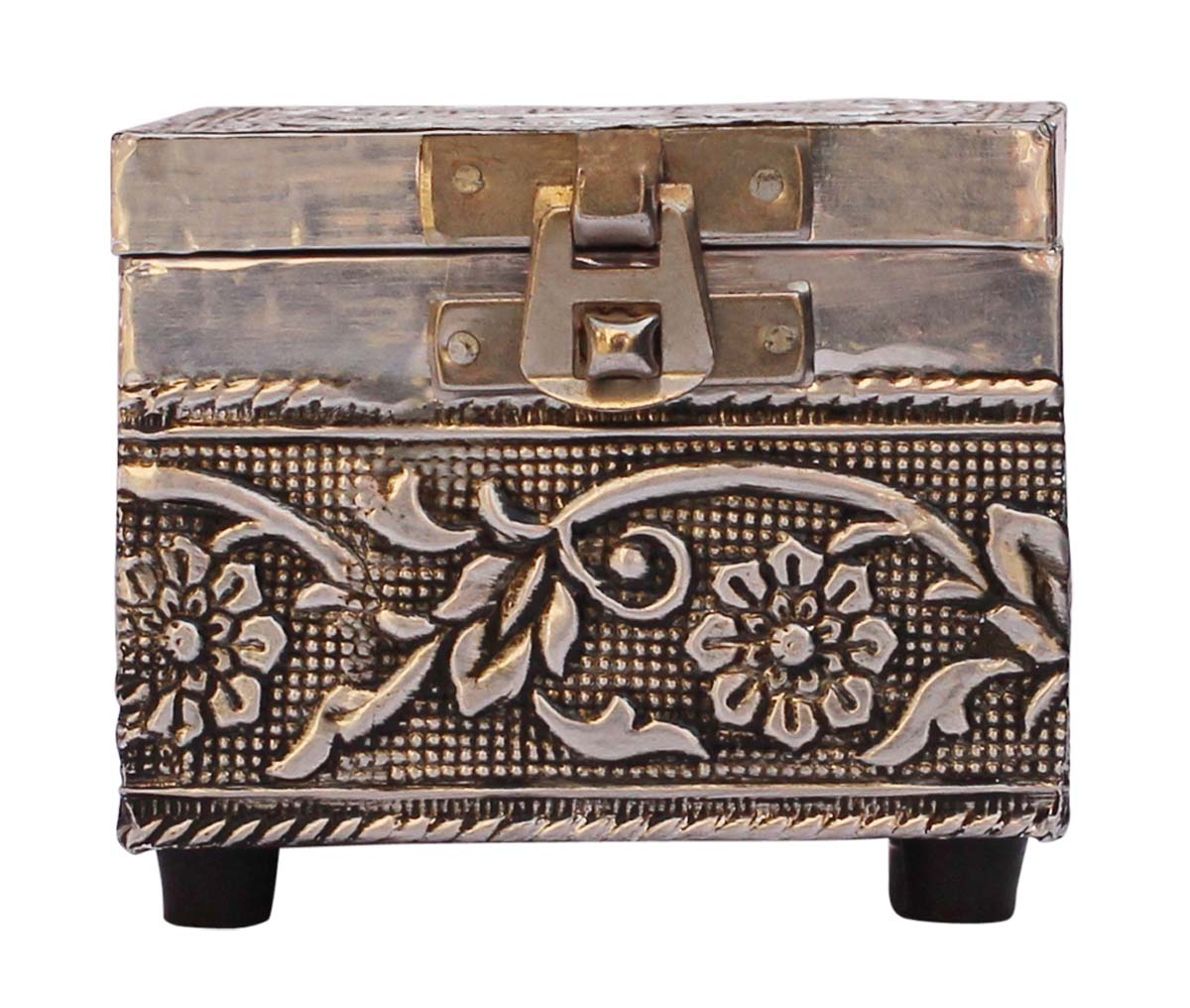 Bulk Wholesale Handmade 3.2” Trunk-Shaped Jewelry Box in Compressed Wood Further Enhanced with Silver Metal Embossing of Traditional Motifs – Antique-Look Utility Items from India