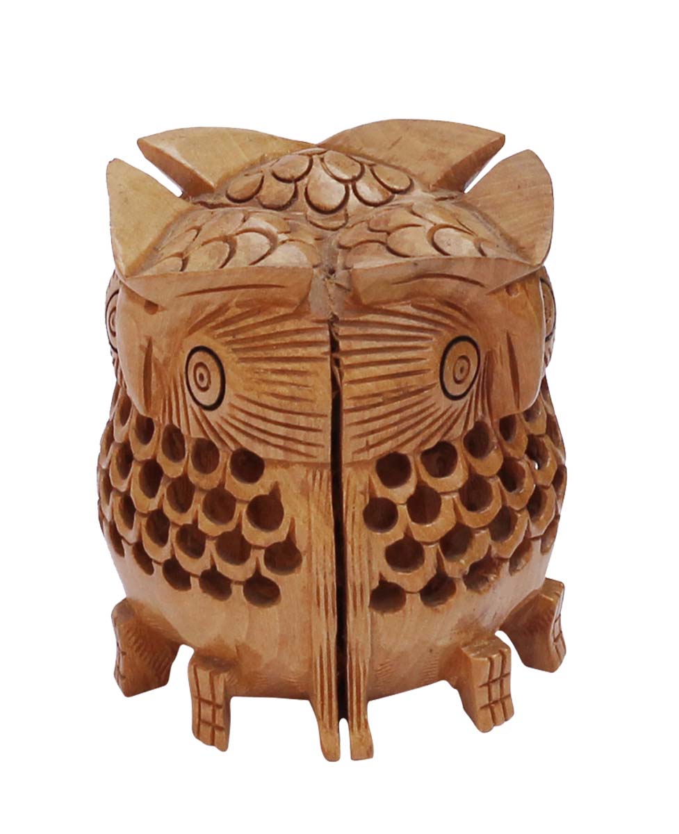 Wholesale Wooden 3" Faceted Owl Paper-Weight/Figurine - Buy in Bulk 3.7” Hand Carved Wood Owl Statue with Open-Work - Home & Office Decor from India