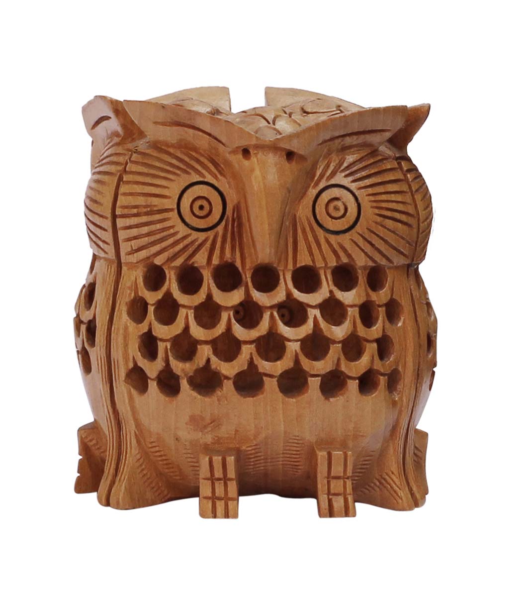 Wholesale Wooden 3" Faceted Owl Paper-Weight/Figurine - Buy in Bulk 3.7” Hand Carved Wood Owl Statue with Open-Work - Home & Office Decor from India