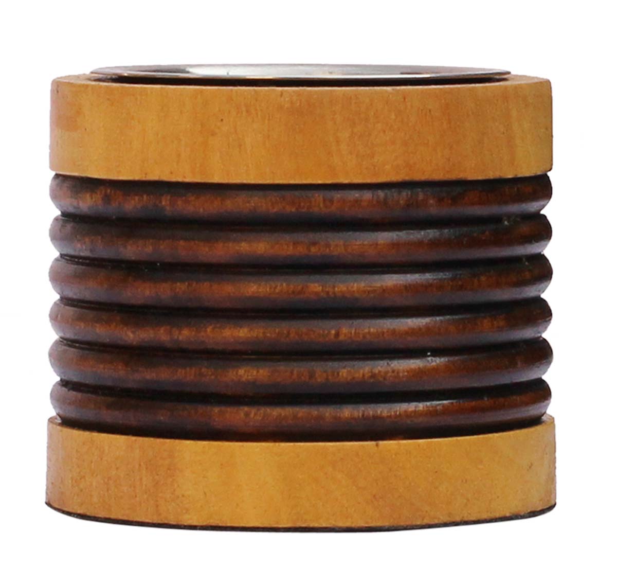 Bulk Wholesale Hand-Carved 2” Cylindrical-Shaped Candle-Stand in Light & Dark Brown Kadam Wood – Antique-Look Candle Holder with a Metal Groove from India