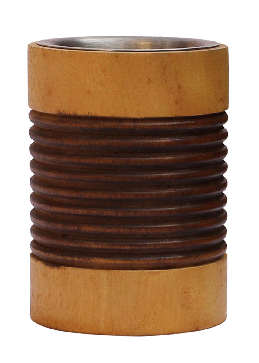 Bulk Wholesale Hand-Carved 3” Cylindrical-Shaped Candle-Stand in Light & Dark Brown Kadam Wood – Antique-Look Candle Holder with a Metal Groove from India