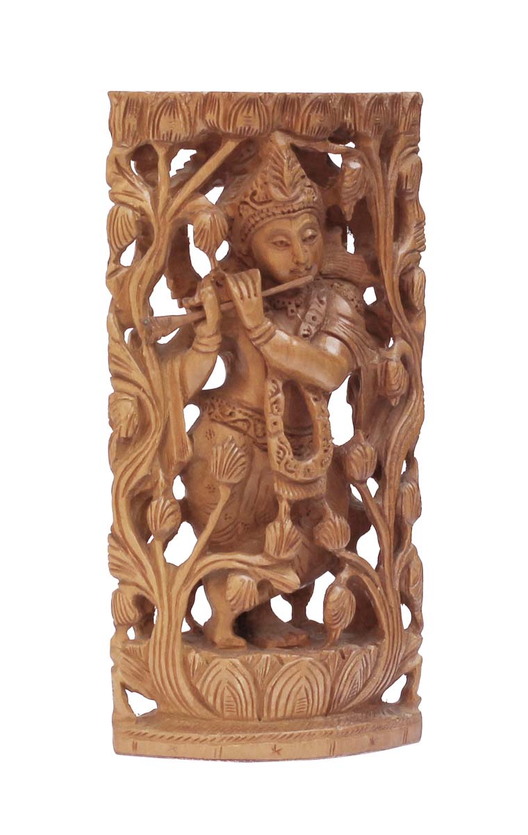 Bulk Wholesale Hand-Carved 8” Statue of ‘Lord Krishna Playing Basuri’ in Wood – Auspicious Home Décor / Gifting Items from India