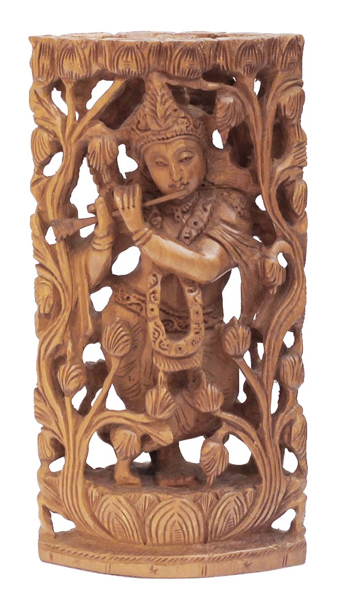 Bulk Wholesale Hand-Carved 8” Statue of ‘Lord Krishna Playing Basuri’ in Wood – Auspicious Home Décor / Gifting Items from India